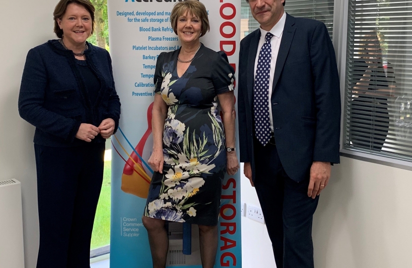 Maria is pictured with James Morris MP and Suzanne Clubley, MD of Labcold